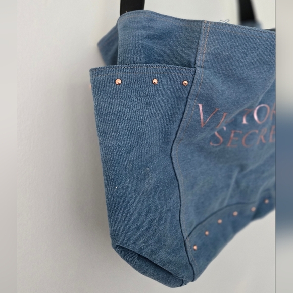 Victoria's Secret Y2K Denim Tote Bag Blue Jean Rose Gold Studded Bag - Picture 3 of 5